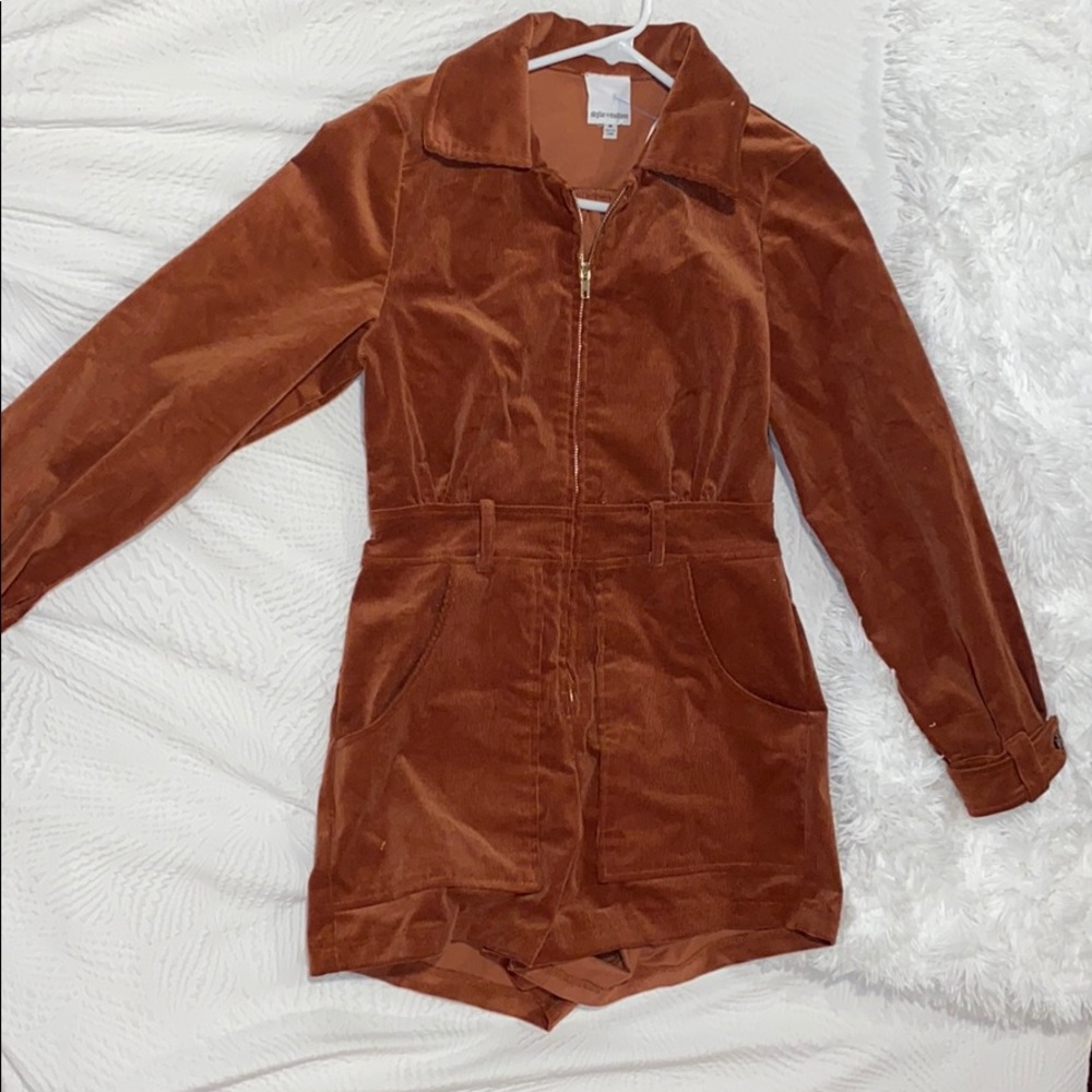 Burnt sienna long sleeve corduroy zip-up romper